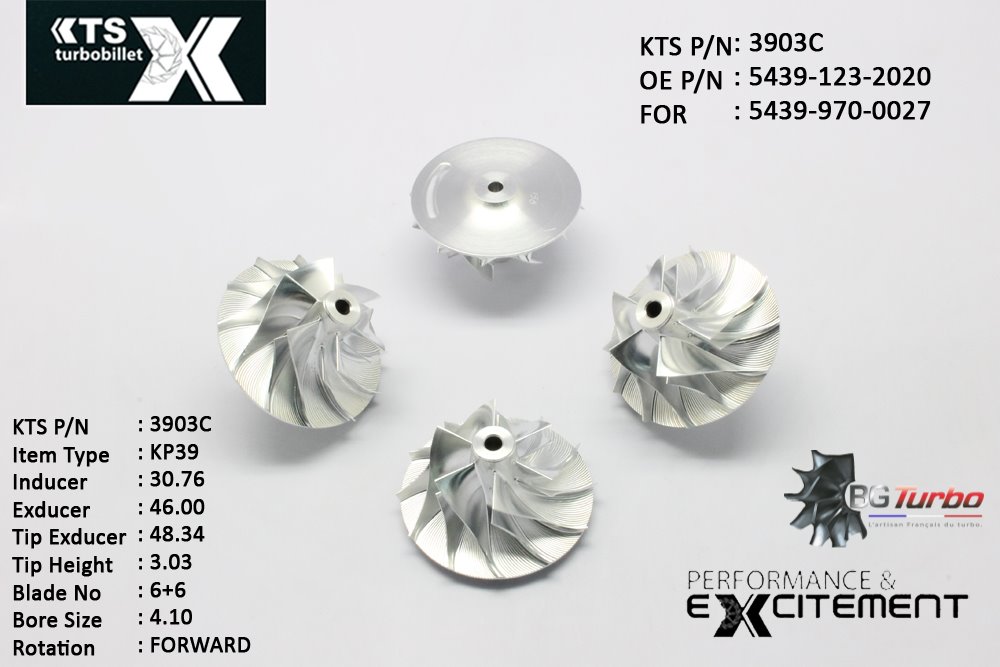 Turbo ROUE FORGÉE MFS PERFORMANCE - 6+6 PALES - INDUCER : 30,76 - EXDUCER : 46 - TYPE : KP39ANGLE : 65° - ROTATION : Forward - SUPER BACK : 2,81 - BORE SIZE : 4,1
